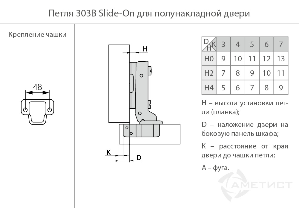 Петли мебельные Петля 303 Slide-On D35мм для полунакладных дверей без пружины (OK) H303B.000NIOK