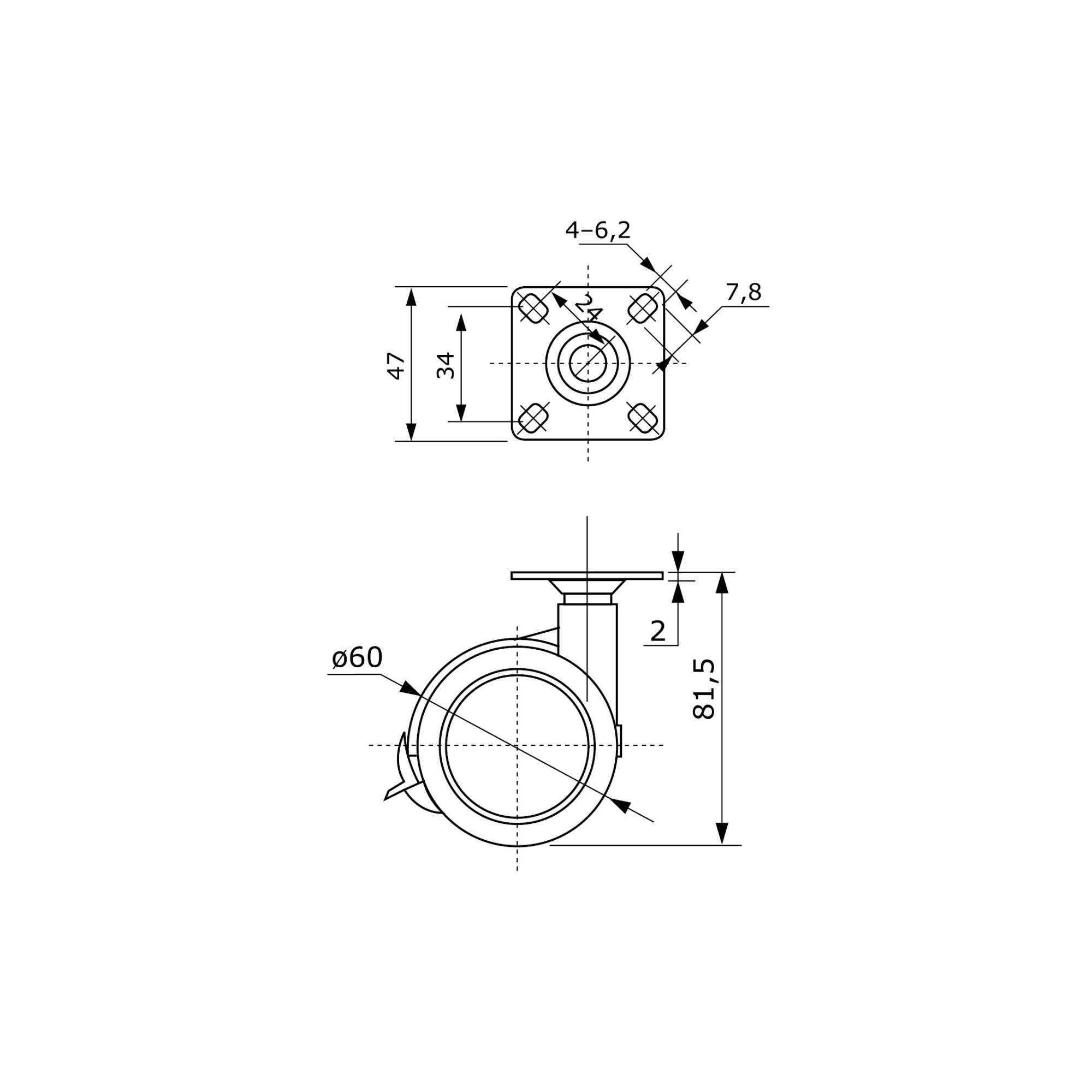 Опоры Опора колесная 340B D60мм с тормозом с площ. для крепл.FU340B.060GR